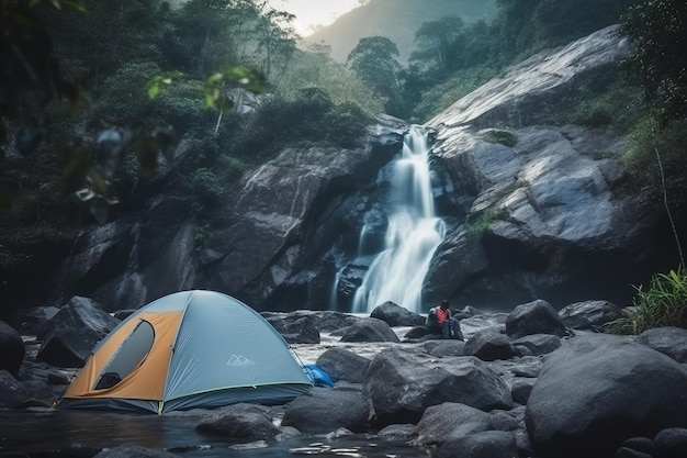 A tent in the water next to a waterfall