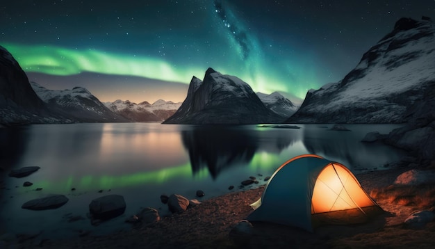 A tent with the aurora borealis above it