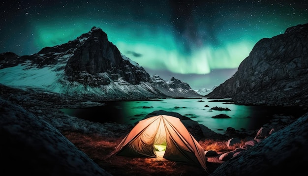 A tent with the aurora borealis above it