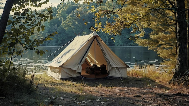 a tent with a black and white trim is in the woods