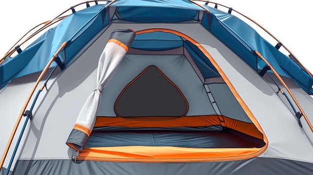 A tent with a blue top and orange trim