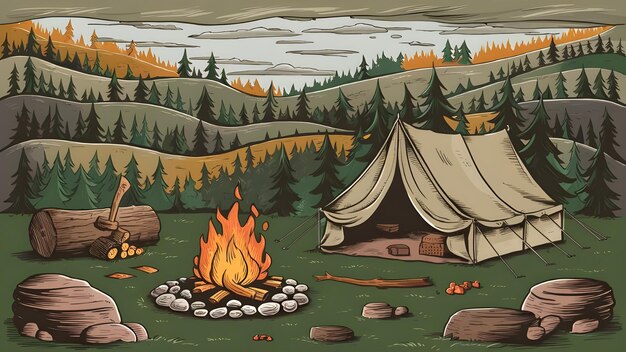 Photo a tent with a campfire on it and a tent in the background