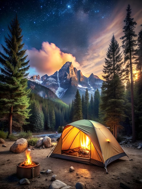 a tent with a fire in it and a mountain in the background