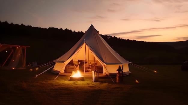 A tent with a fire in the sky at dusk