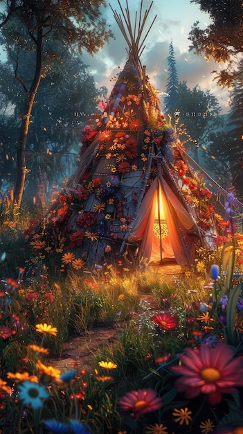 a tent with flowers and a star on it