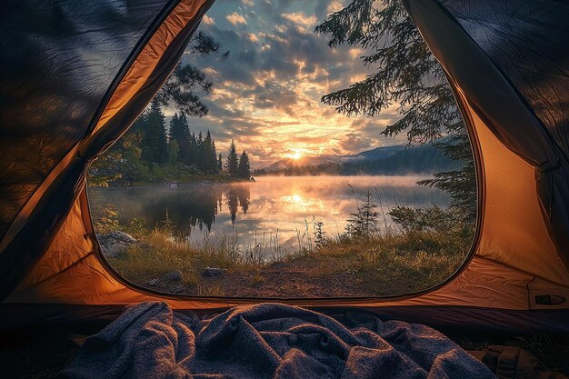 a tent with a lake and trees on the horizon