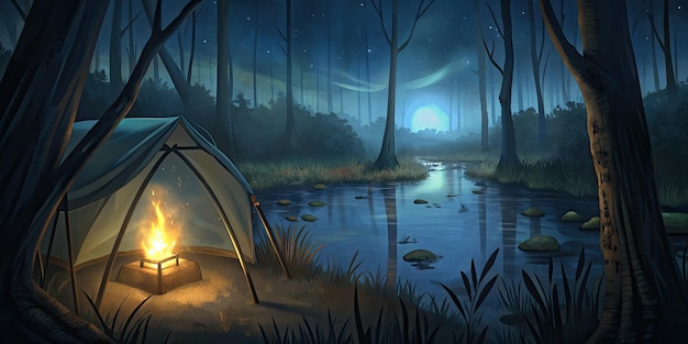 Tent with lantern shine and campfire near swamp