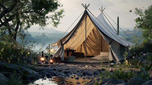 a tent with a light on the top and a reflection in the water