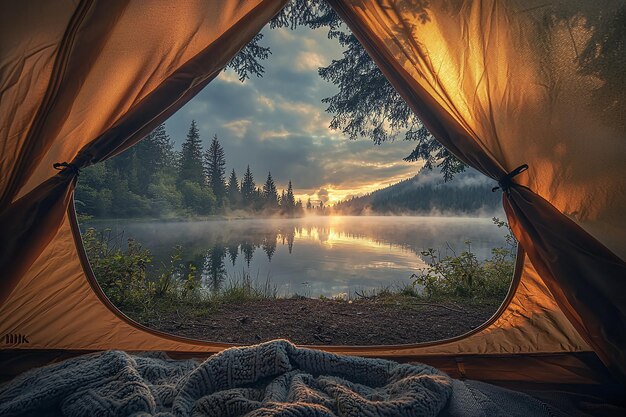 a tent with a reflection of a mountain and the sun in the background