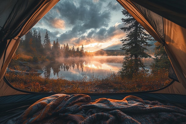 a tent with the sun setting over the lake