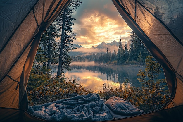 a tent with a view of a lake and mountains in the background