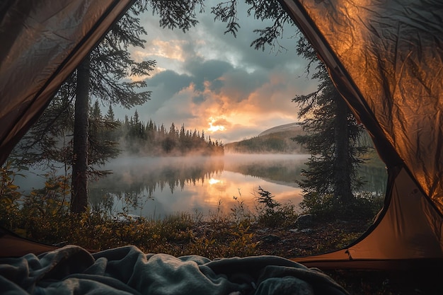 a tent with a view of a lake and trees in the background