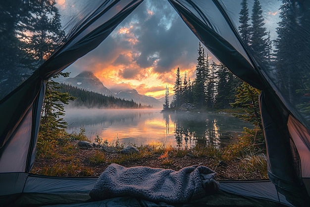 a tent with a view of a mountain and a lake