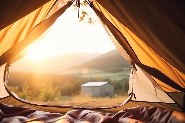 A tent with a view of a mountain range