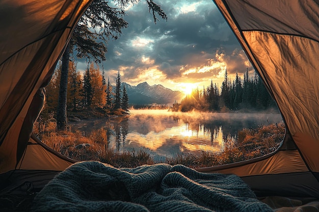 a tent with a view of a mountain and trees in the background