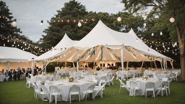 a tent with a white tent that says the wedding party is set up for a wedding