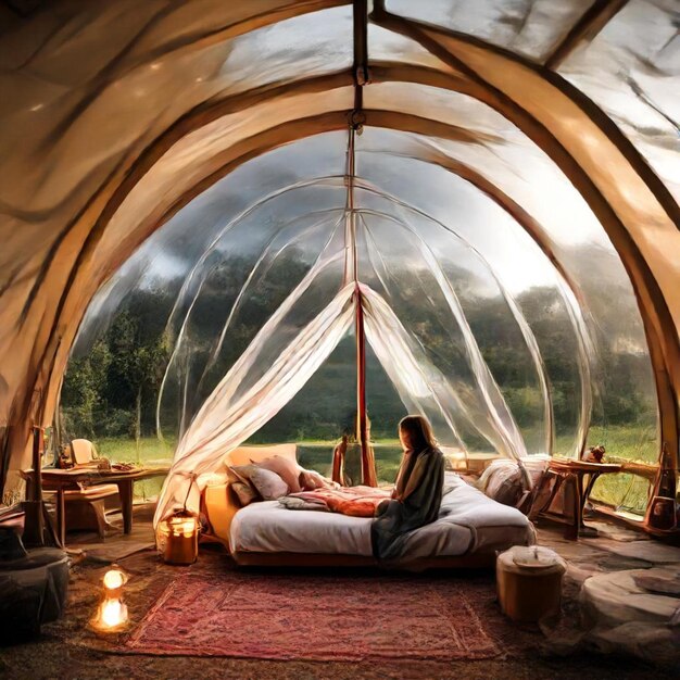 Photo a tent with a woman sitting on it and a tent with a woman sitting on it