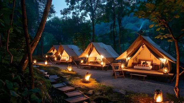 A tent in the woods at night with a fire in the middle