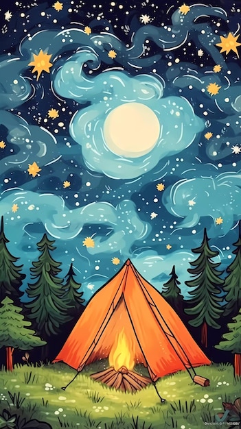 A tent in the woods with the moon in the background.