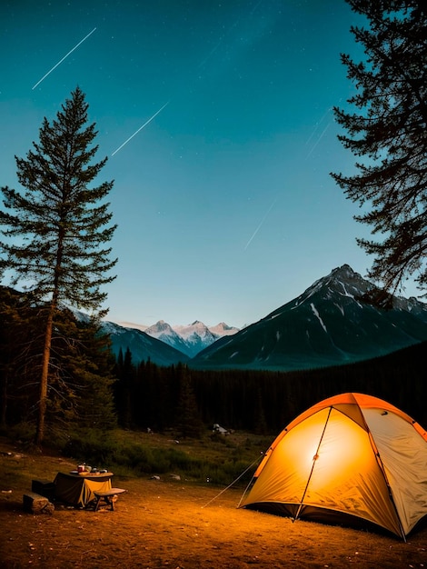 A tent in the woods with a shooting star in the background