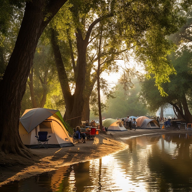 A tented campsite among the shady trees near the riverbank