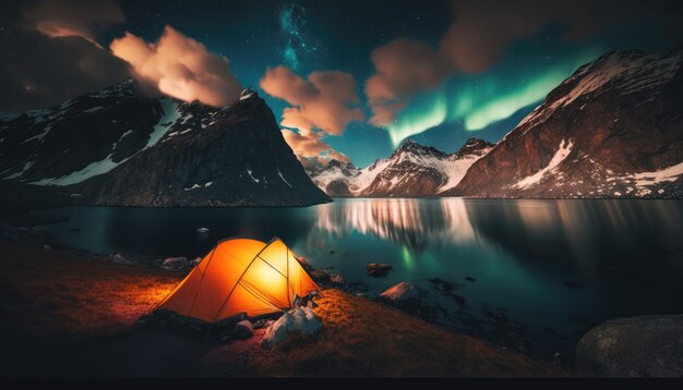 Tenting by the fjords under the northern lights generated ai