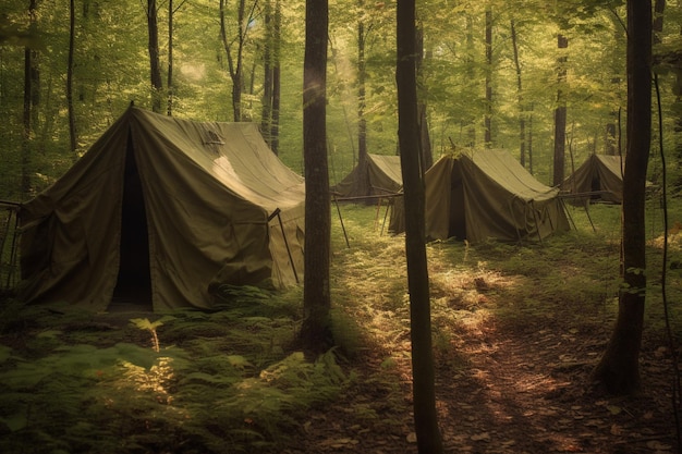 Tents are lined up in a forest with trees and ferns generative ai