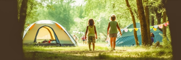 Tents Camping area Panoramic landscape with children Natural area