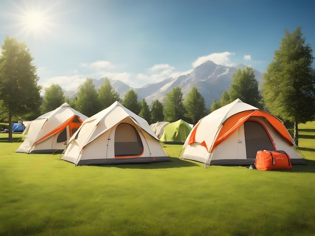 Tents for camping on the lawn on a sunny day travel theme