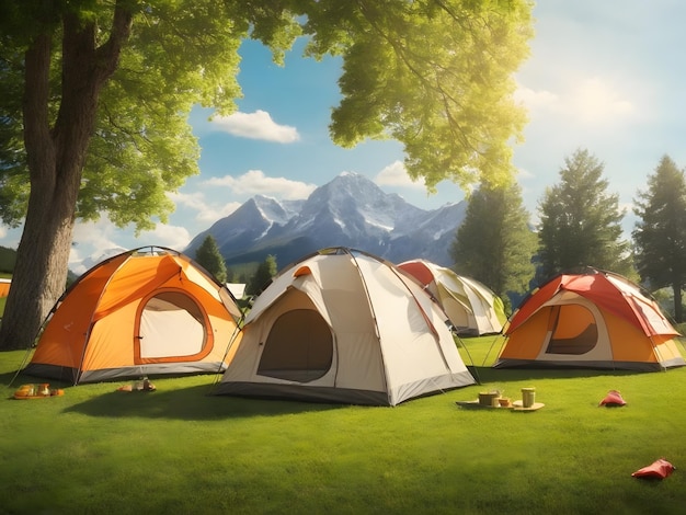 Tents for camping on the lawn on a sunny day travel theme