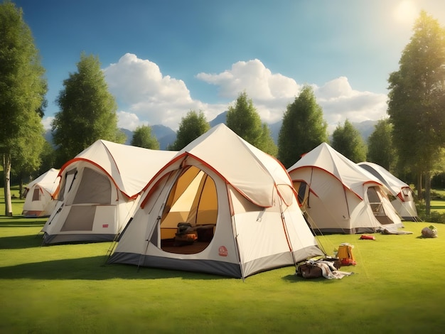 Tents for camping on the lawn on a sunny day travel theme