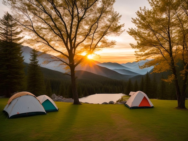 Tents on a grassy field with a lake in the background