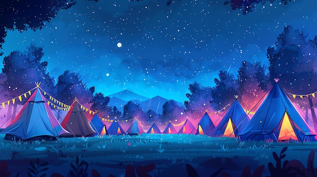 Tents lined up at a music festival at night flat design side view festival fun theme watercolor split complementary color scheme