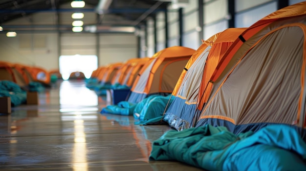 Photo tents lined up in a warehouse