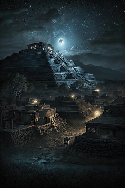 Teotihuacan at night fantasy vertical view of ancient pyramids in Mexico generative AI