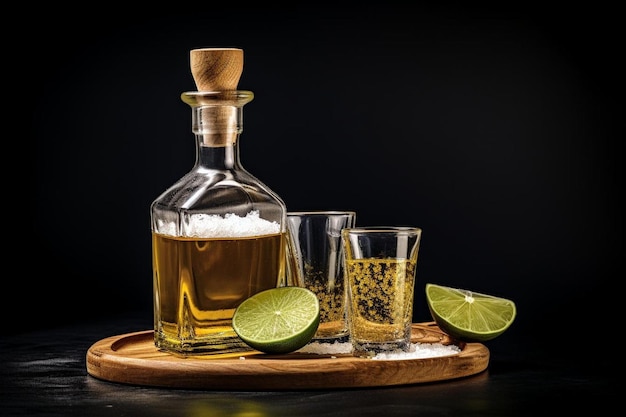 Tequila bottles and glasses with lime slices and salt