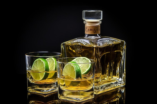 Tequila bottles and glasses with lime slices and salt