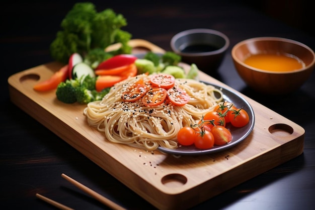 Teriyaki Noodles on a Wooden Platter