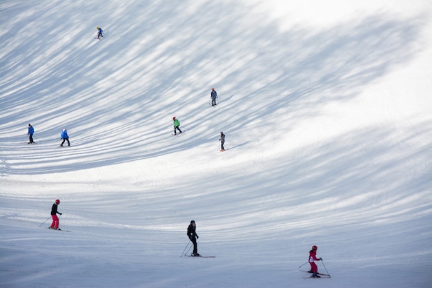 TERMINILLO, ITALY - JANUARY 02, 2015: Skiers on the slope of Ski resort Terminillo, mountains Apennines, central Italy. This is the most important ski resort of the Lazio.