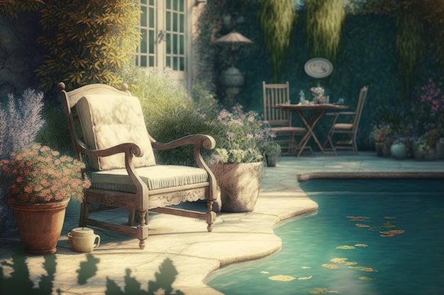 Terrace with old grandfathers chair in garden next to pool in daytime cozy backyard