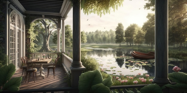 Terrace with pond view design with wooden structure in spa hotel or luxury home