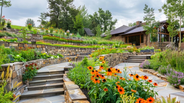 Terraced home garden with stone retaining walls and tiled path in summer design of luxury house backyard or landscaped back yard Concept of landscaping flower plants