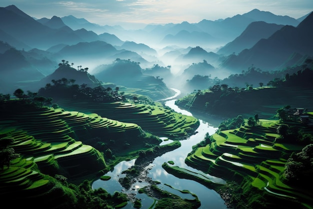 Terraced rice field in summer