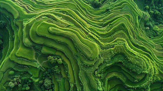 terraced rice fields hillside green paddies aerial agriculture cascading fields drone shot