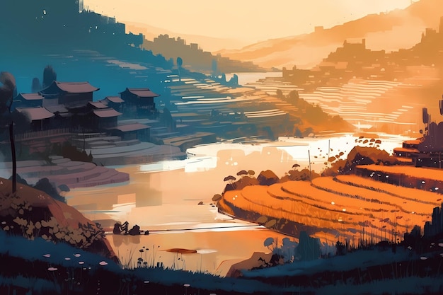 Terraced Rice Fields of Yunnan in ancient China digital art illustration