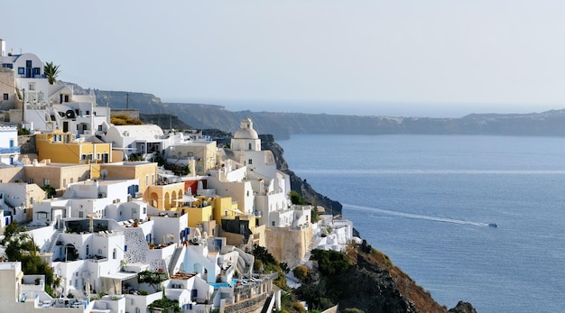 Terraces of white houses in Santorini Greece