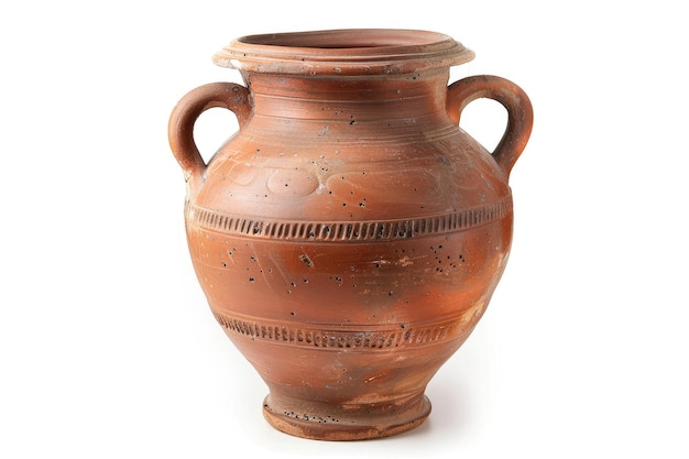 Terracotta amphora vase on white background