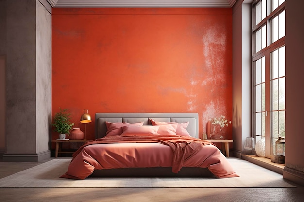 Terracotta wall with orange coral or salmon bedding and gray plaster stucco Home or hotel interior