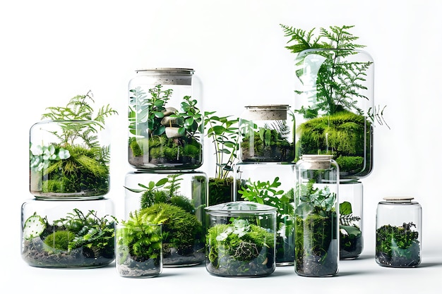 Terrarium Garden in Glass Jars with Various Plants and Moss