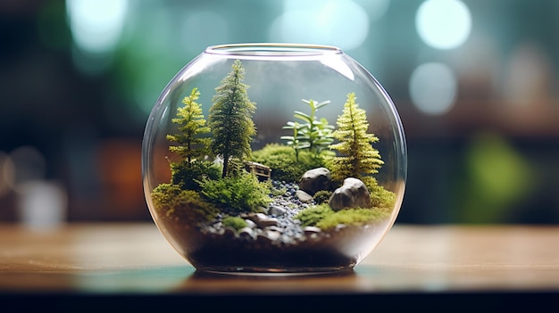 A terrarium with a miniature landscape of plants AI Generative